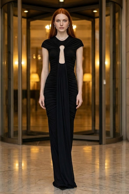 Black Sheath Round Neck Keyhole Long Formal Dress