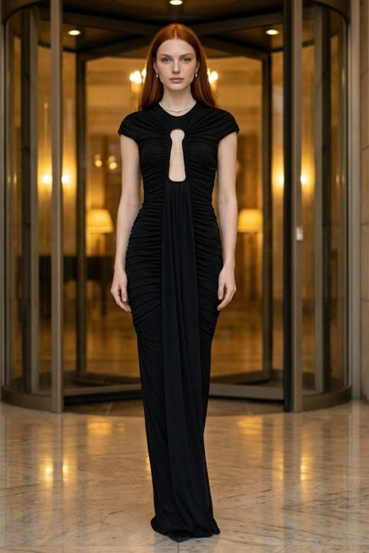 Black Sheath Round Neck Keyhole Long Formal Dress