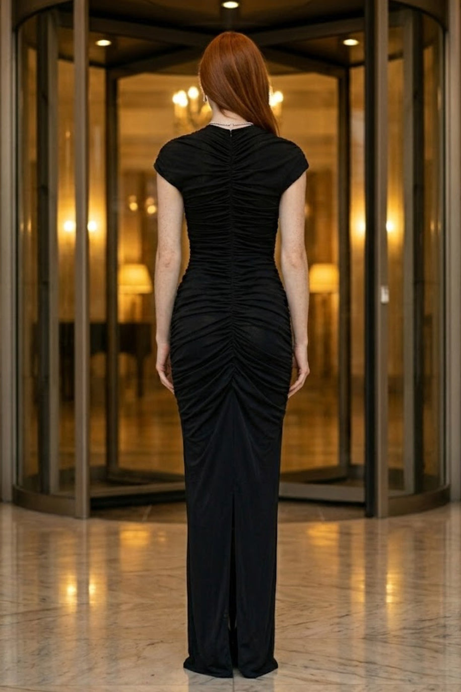 Black Sheath Round Neck Keyhole Long Formal Dress