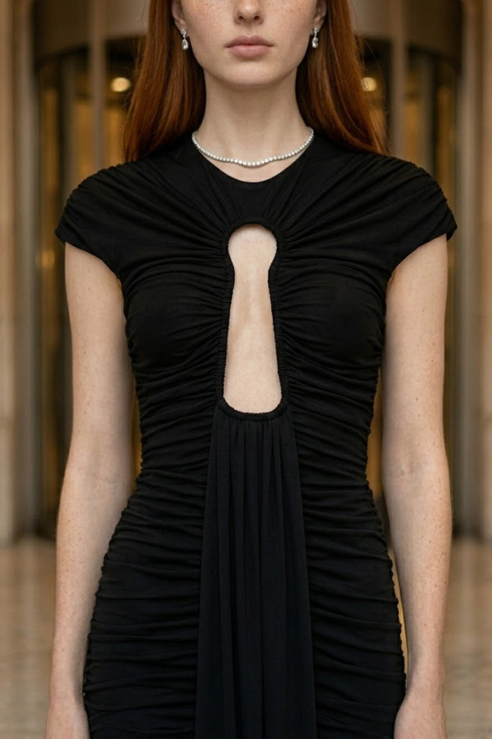 Black Sheath Round Neck Keyhole Long Formal Dress