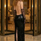 Sequin Black Halter Sheath Long Prom Dress