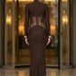Brown Corset Sheath High Neck Long Prom Dress