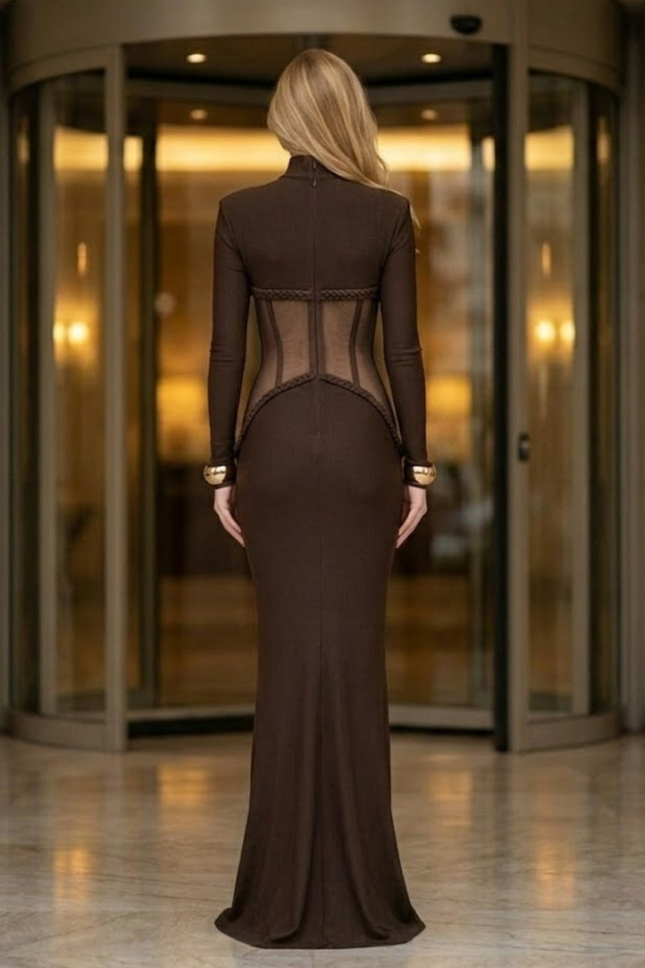 Brown Corset Sheath High Neck Long Prom Dress