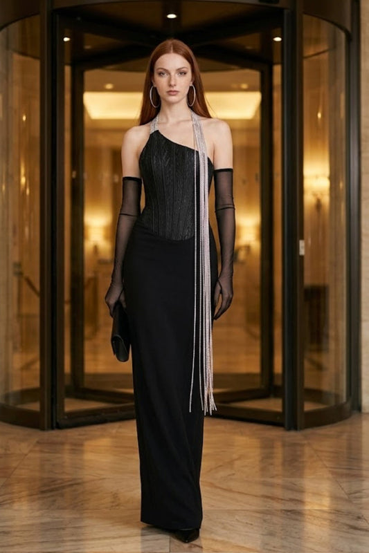 Black Corset One-Shoulder Sheath Long Prom Dress with Chain