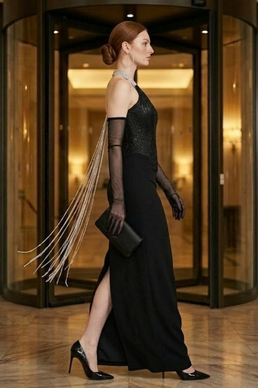 Black Corset One-Shoulder Sheath Long Prom Dress with Chain