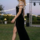 Black Sheath V Neck Long Prom Dress With Pearl