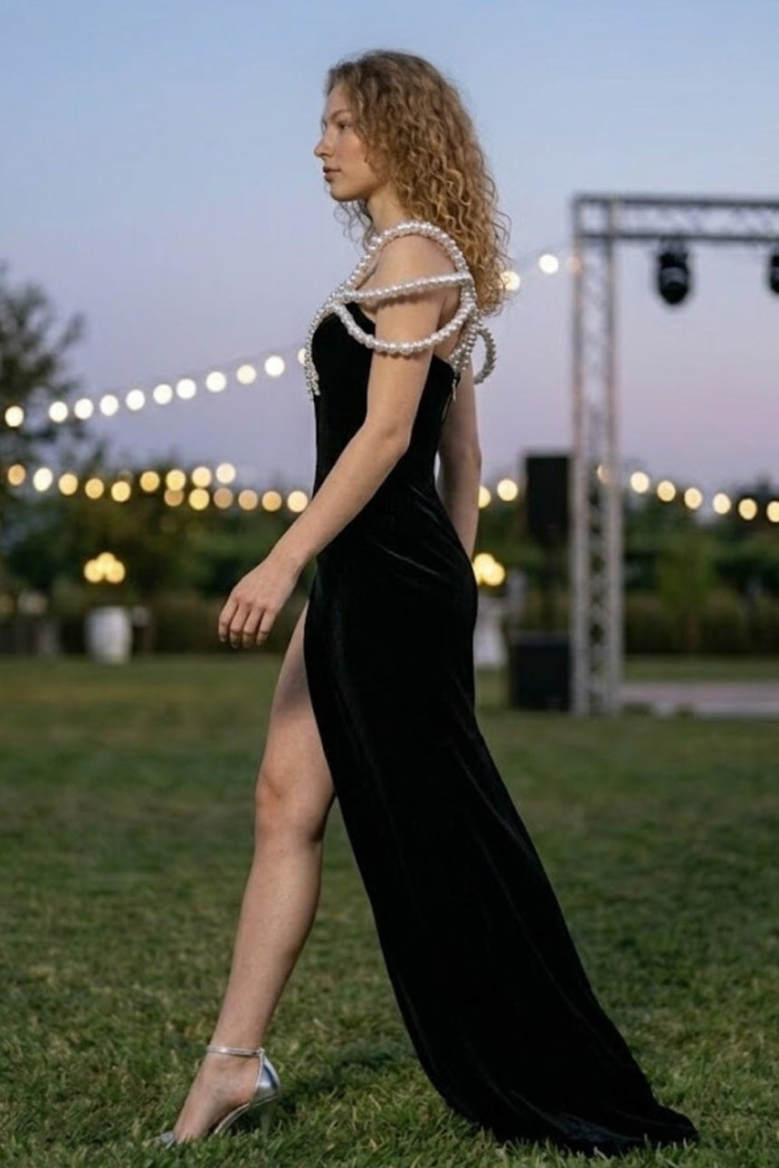 Black Sheath V Neck Long Prom Dress With Pearl