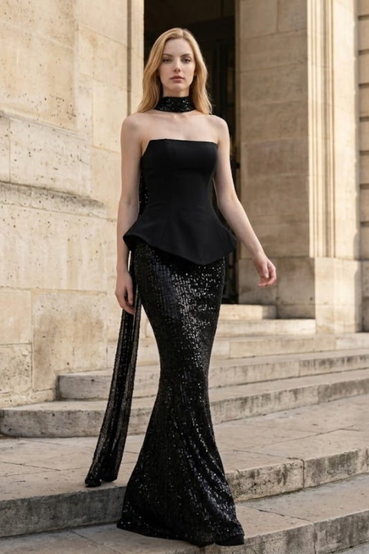 Sequin Black Strapless Mermaid Long Formal Dress With Neck Scarf