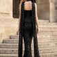 Sequin Black Strapless Mermaid Long Formal Dress With Neck Scarf