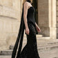 Sequin Black Strapless Mermaid Long Formal Dress With Neck Scarf