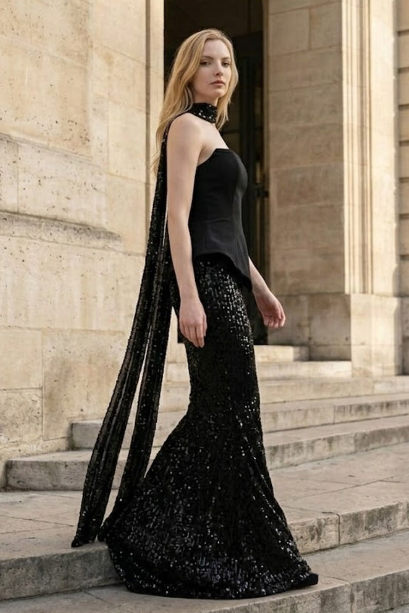 Sequin Black Strapless Mermaid Long Formal Dress With Neck Scarf
