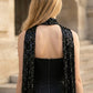 Sequin Black Strapless Mermaid Long Formal Dress With Neck Scarf