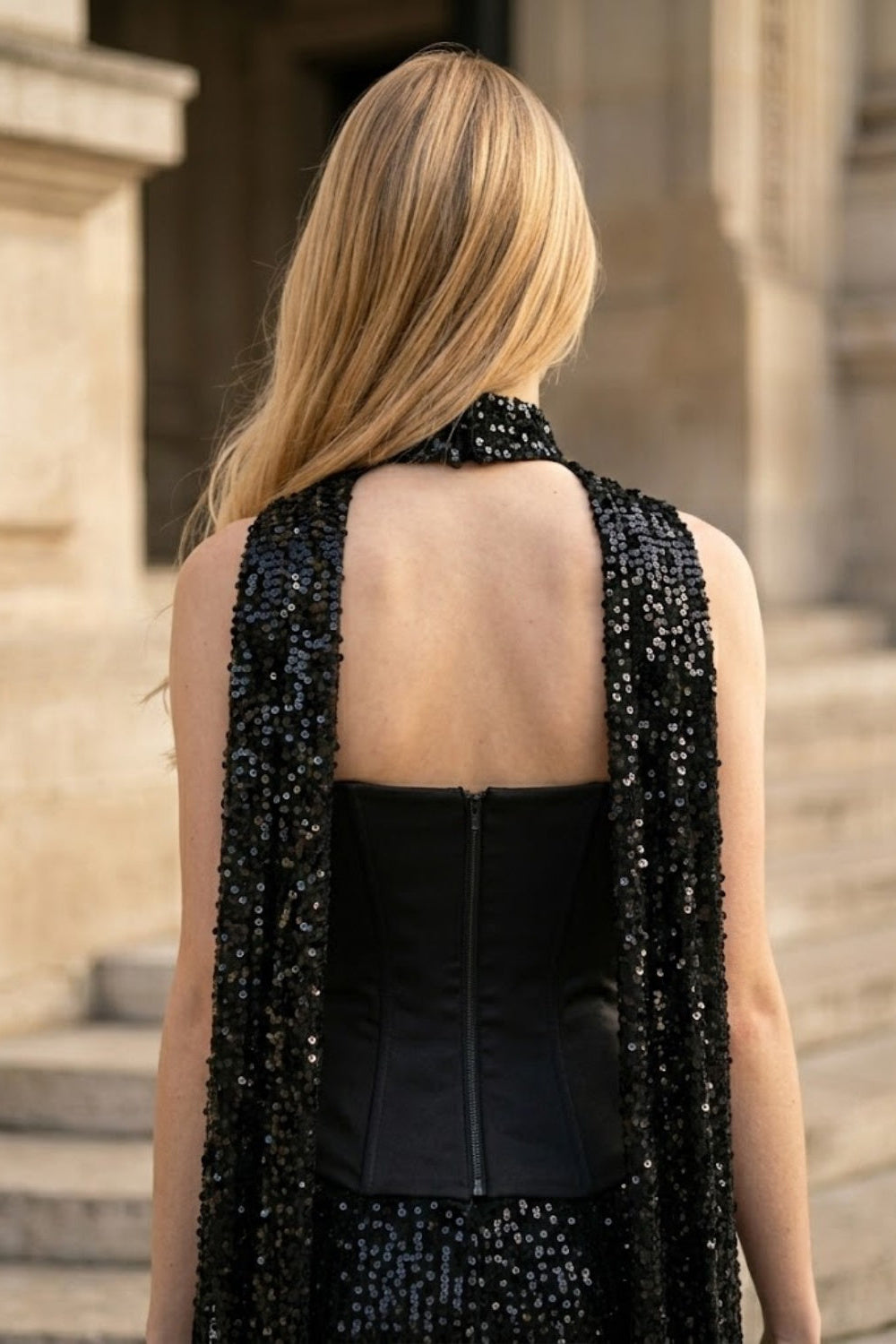 Sequin Black Strapless Mermaid Long Formal Dress With Neck Scarf
