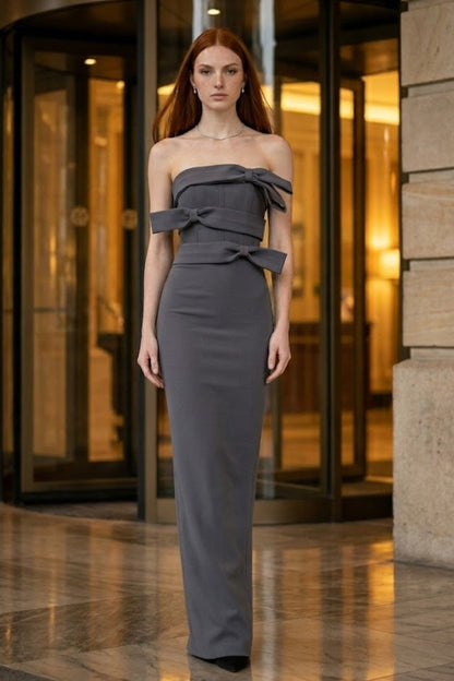 Grey Bodycon Off the Shoulder Long Formal Dress with Bow