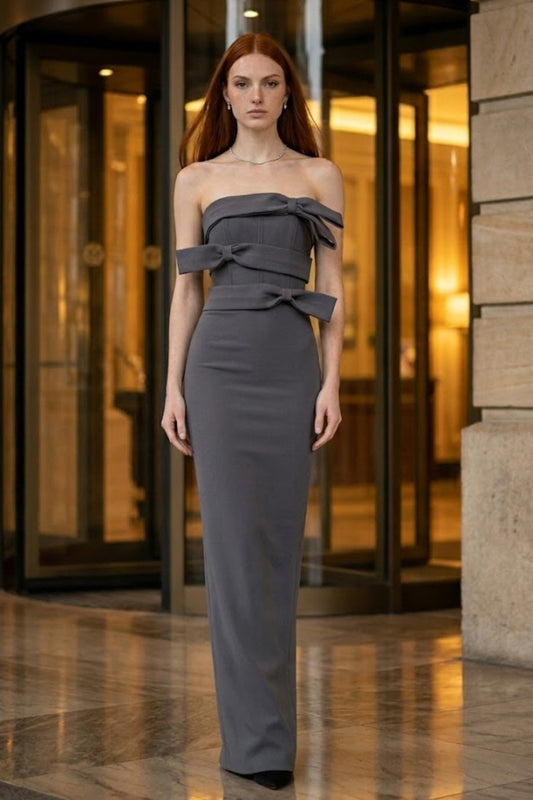 Grey Bodycon Off the Shoulder Long Formal Dress with Bow