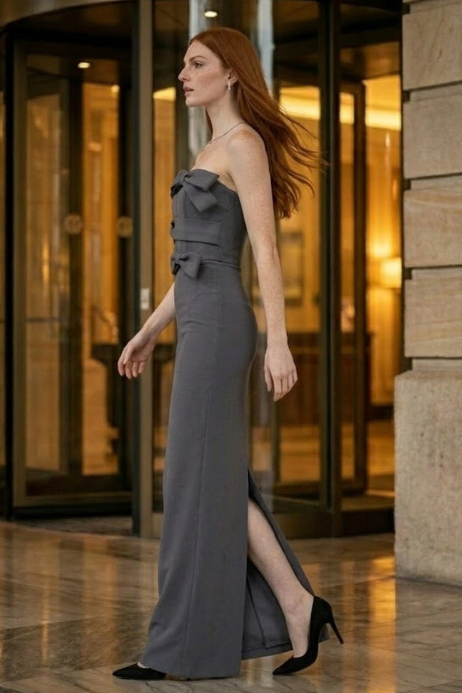 Grey Bodycon Off the Shoulder Long Formal Dress with Bow