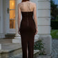 Brown Sheath Halter Long Prom Dress with Cutout