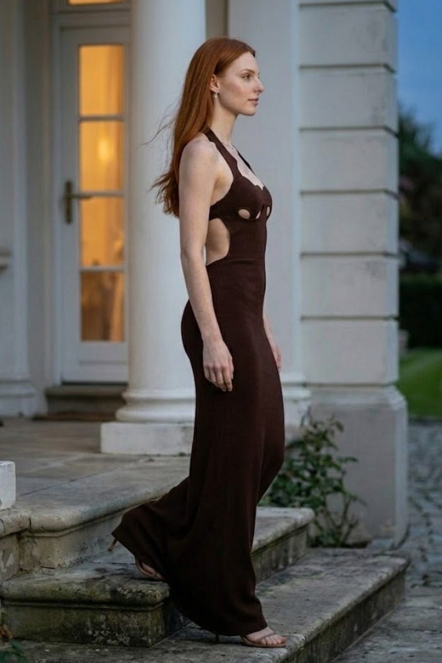 Brown Sheath Halter Long Prom Dress with Cutout