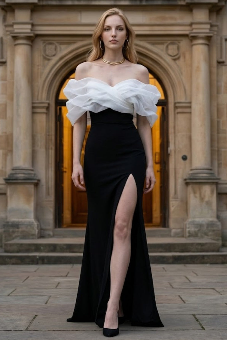 Black and White Off the Shoulder Sheath Long Prom Dress with Slit