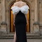 Black and White Off the Shoulder Sheath Long Prom Dress with Slit