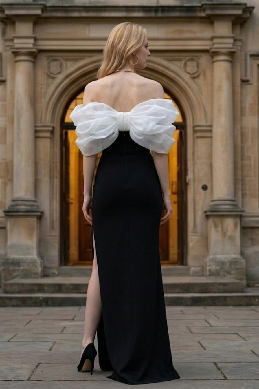 Black and White Off the Shoulder Sheath Long Prom Dress with Slit