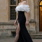 Black and White Off the Shoulder Sheath Long Prom Dress with Slit
