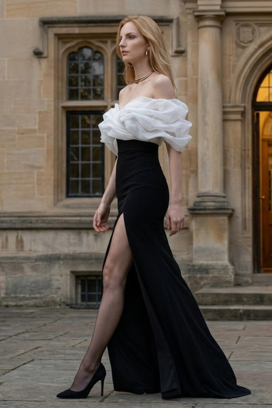 Black and White Off the Shoulder Sheath Long Prom Dress with Slit