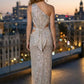 Sparkly Silver One Shoulder Sheath Cutout Long Sequin Prom Dress with Slit