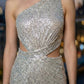 Sparkly Silver One Shoulder Sheath Cutout Long Sequin Prom Dress with Slit