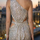 Sparkly Silver One Shoulder Sheath Cutout Long Sequin Prom Dress with Slit