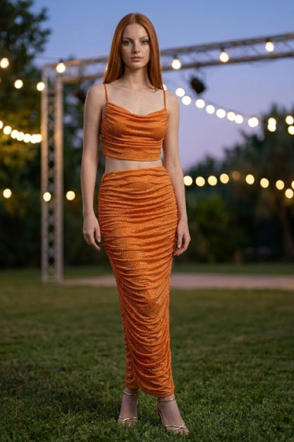 2 Piece Orange Sheath Spaghetti Straps Long Sequin Prom Dress
