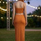 2 Piece Orange Sheath Spaghetti Straps Long Sequin Prom Dress