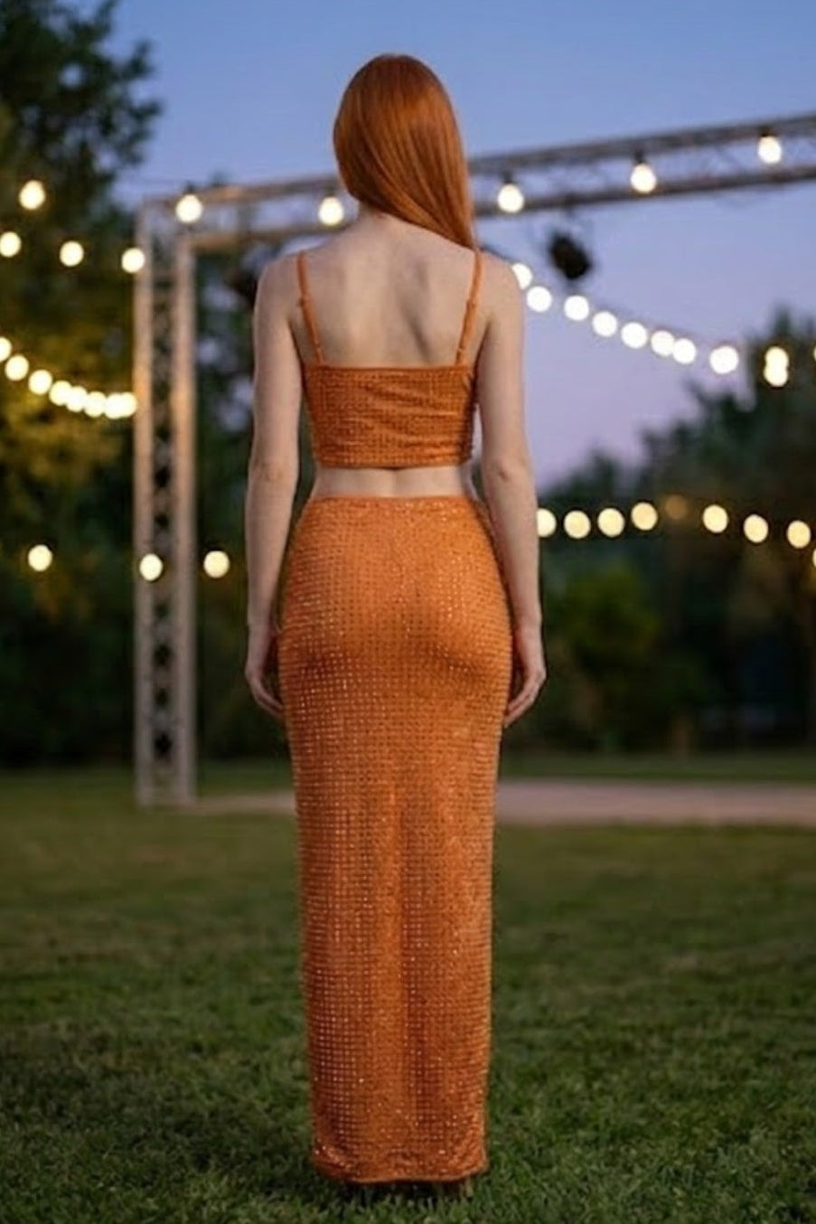 2 Piece Orange Sheath Spaghetti Straps Long Sequin Prom Dress