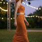 2 Piece Orange Sheath Spaghetti Straps Long Sequin Prom Dress
