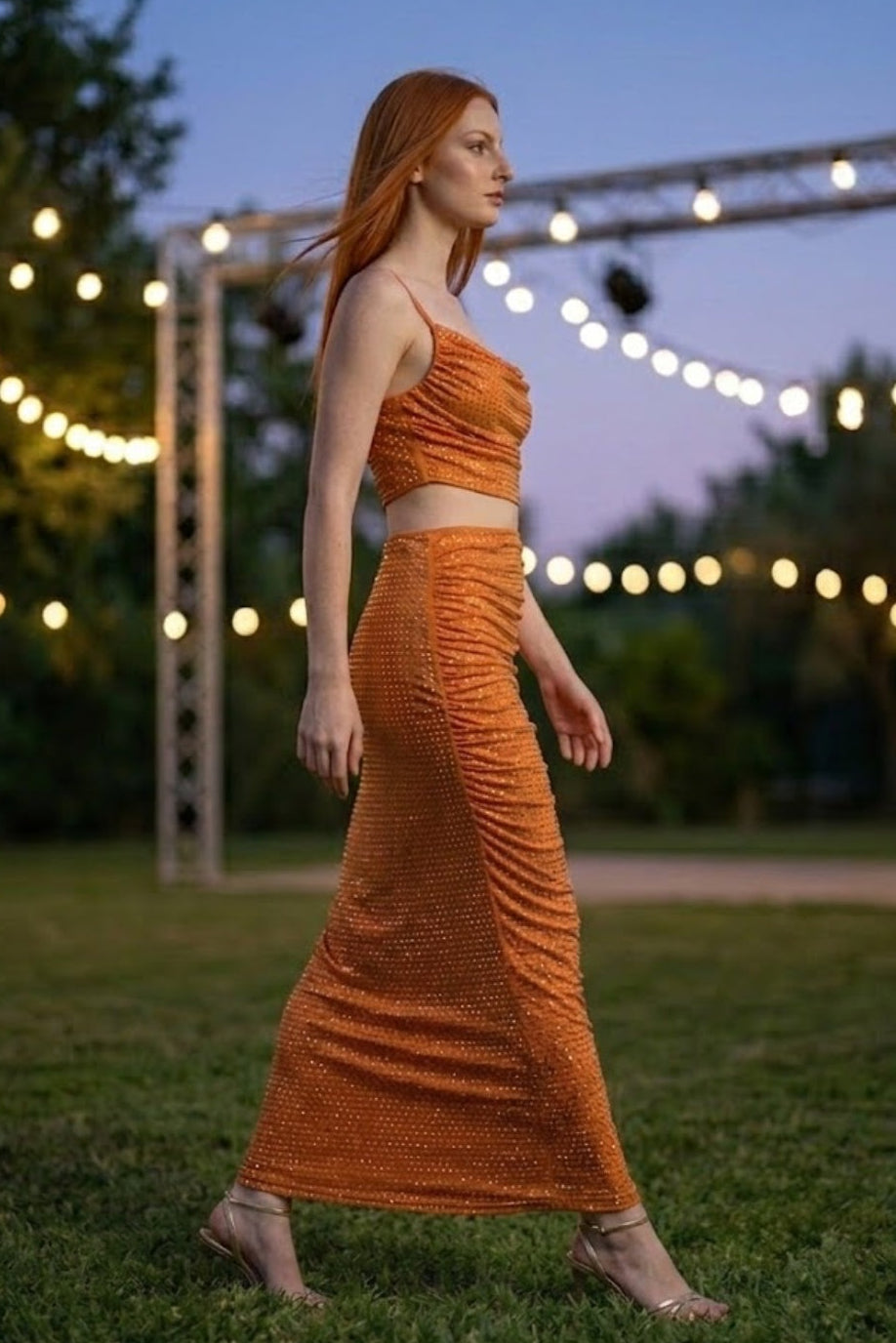 2 Piece Orange Sheath Spaghetti Straps Long Sequin Prom Dress