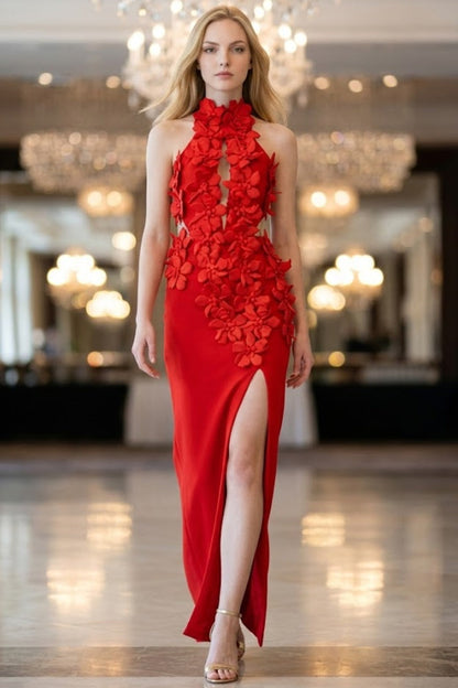 Floral Red Sheath Halter Long Prom Dress with Slit