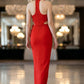 Floral Red Sheath Halter Long Prom Dress with Slit