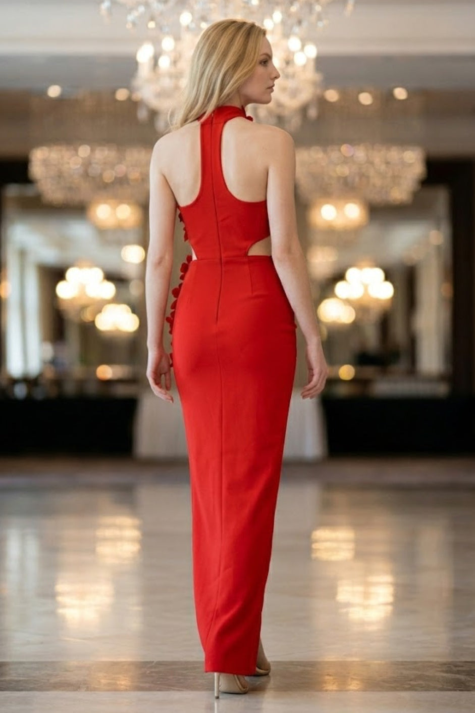 Floral Red Sheath Halter Long Prom Dress with Slit