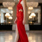 Floral Red Sheath Halter Long Prom Dress with Slit