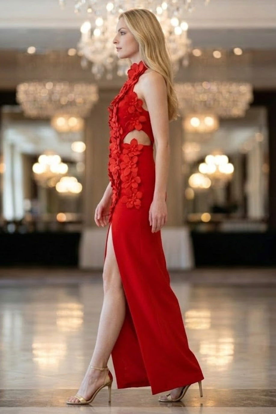 Floral Red Sheath Halter Long Prom Dress with Slit