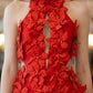Floral Red Sheath Halter Long Prom Dress with Slit