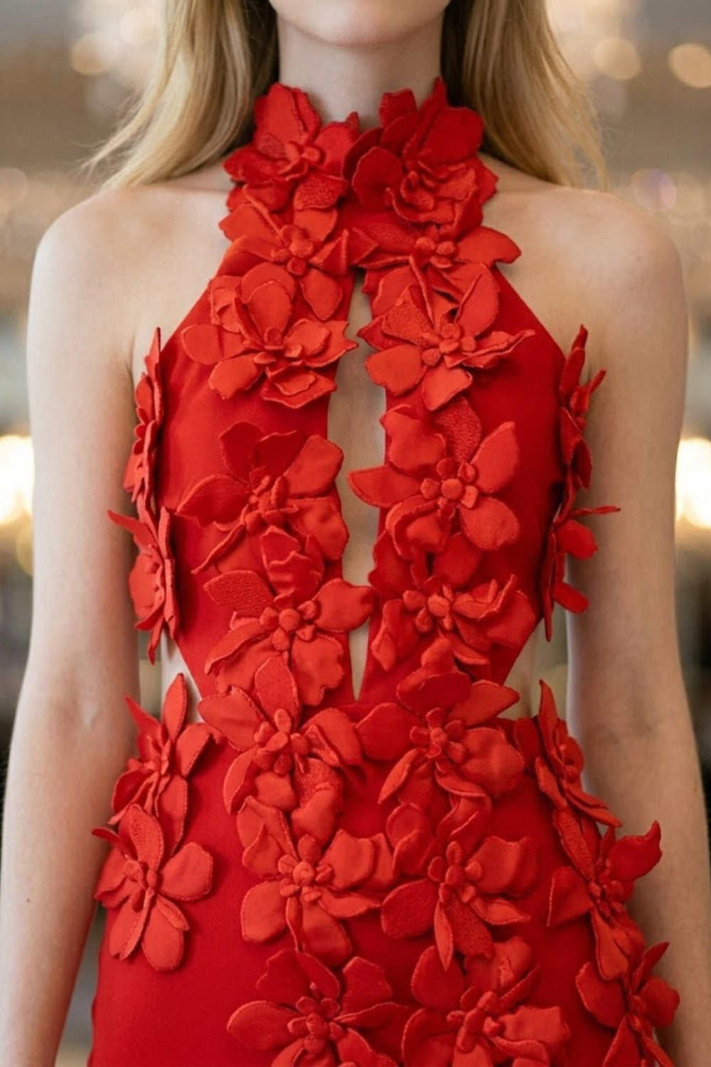 Floral Red Sheath Halter Long Prom Dress with Slit