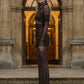 Brown Sheath High Neck Long Prom Dress with Ruched