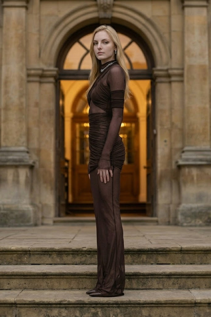 Brown Sheath High Neck Long Prom Dress with Ruched