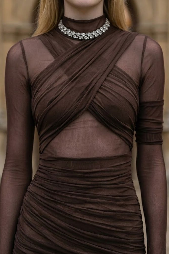 Brown Sheath High Neck Long Prom Dress with Ruched