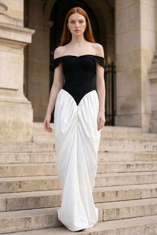 Black and White Mermaid Off the Shoulder Ruched Long Formal Dress
