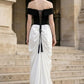 Black and White Mermaid Off the Shoulder Ruched Long Formal Dress