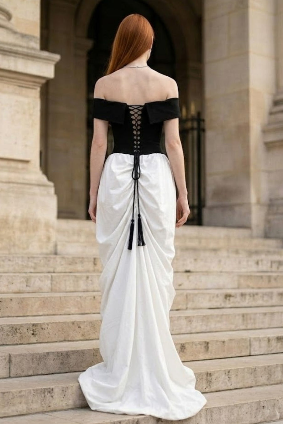 Black and White Mermaid Off the Shoulder Ruched Long Formal Dress