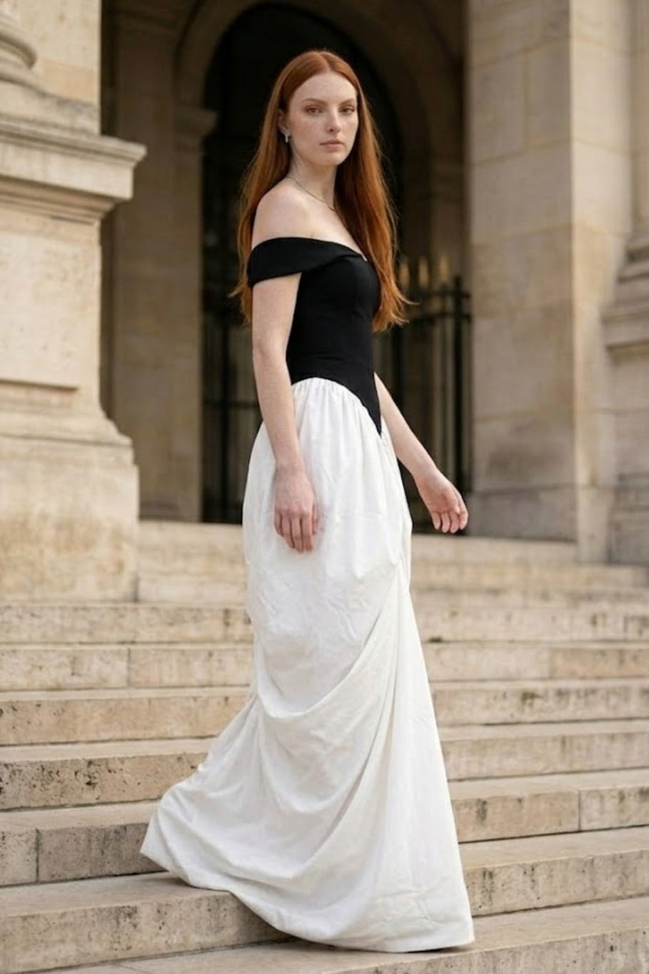 Black and White Mermaid Off the Shoulder Ruched Long Formal Dress