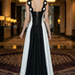 Black and White A Line Long Prom Dress with Slit